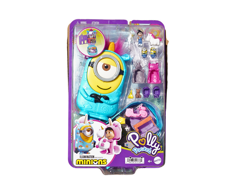 Polly Pocket & Minions Playset with 1 Doll, 2 Minions Figures & Fluffy The Unicorn Toy, Collectible Compact with 9 Accessories